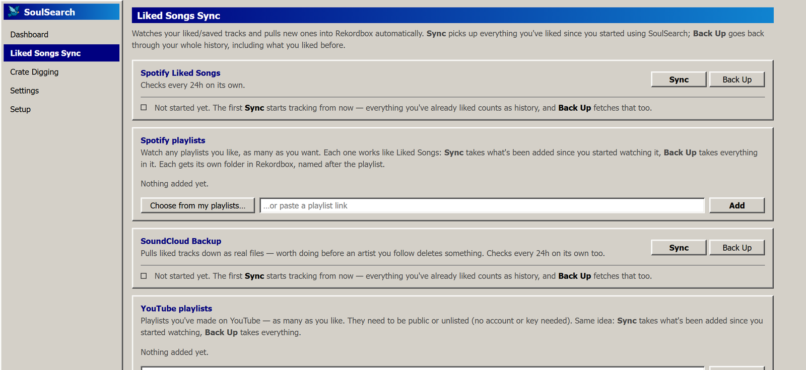 The Sync page: Spotify likes, playlists and SoundCloud, each with Sync and Back Up buttons